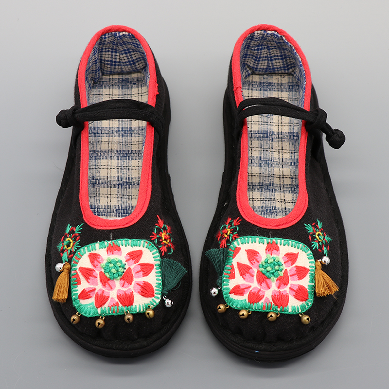 传统纯手工千层底老北京布鞋女士复古圆头盘扣一字系带做旧绣花鞋